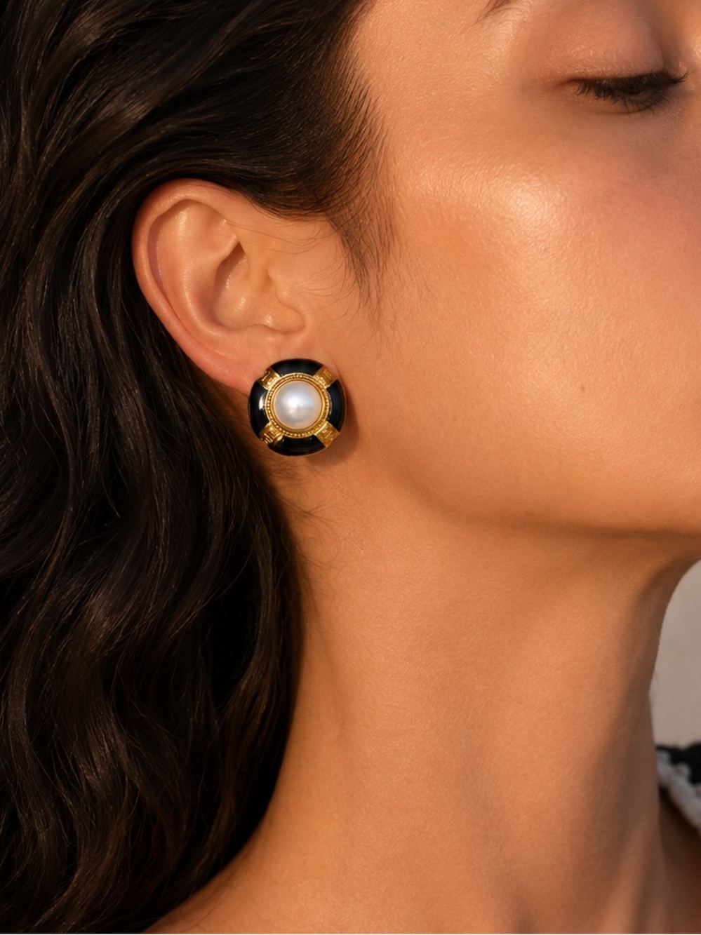 Vintage Black Enamel & Pearl Stud Earrings – PVD Gold Plated Stainless Steel - Picture 6 of 6